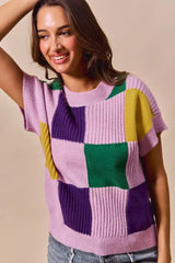 Trendsi SO ME Mardi Gras Check Plaid Casual Sweater Top -