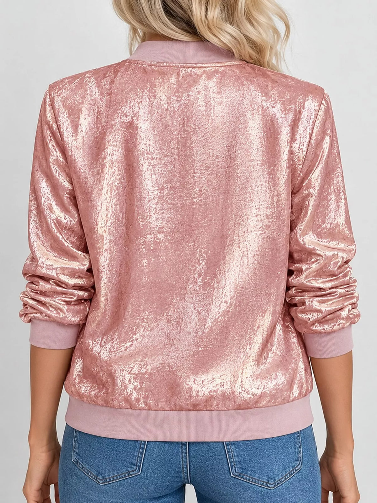 Zip-up bomber jacket, pink metallic back