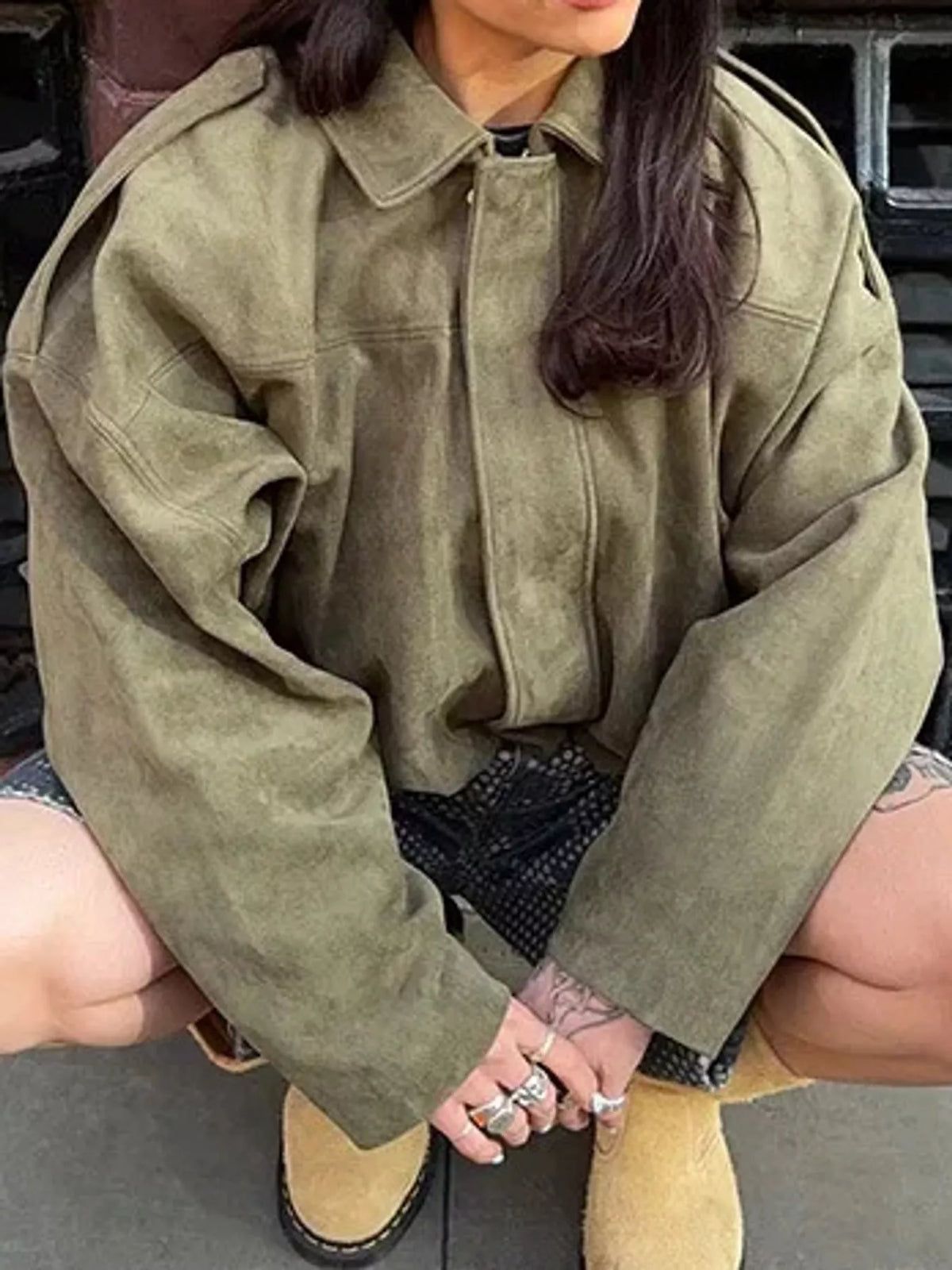 Oversized zip jacket, olive seated front