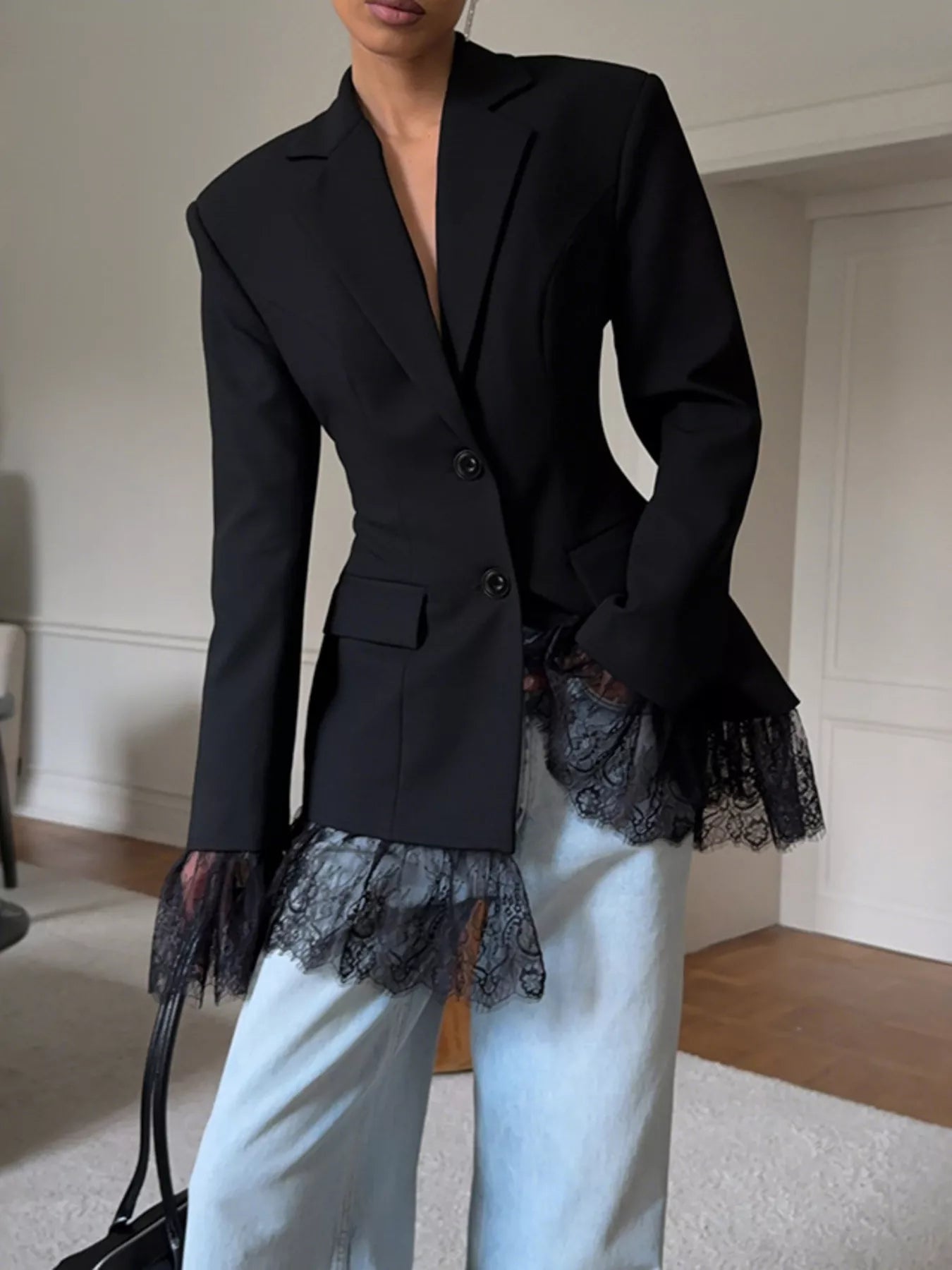 Trendsi Lace Hem Lapel Collar Blazer -