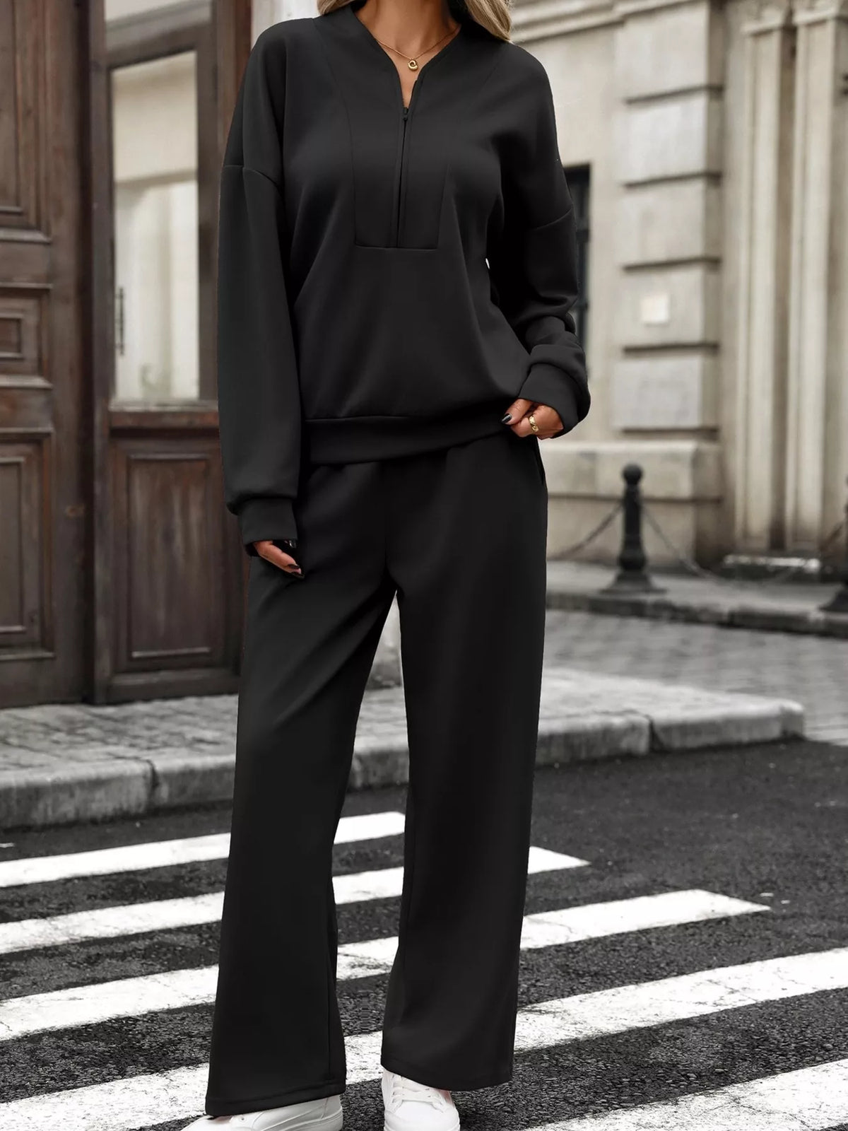 Trendsi Half Zip Sweatshirt and Wide-Leg Pants Set -
