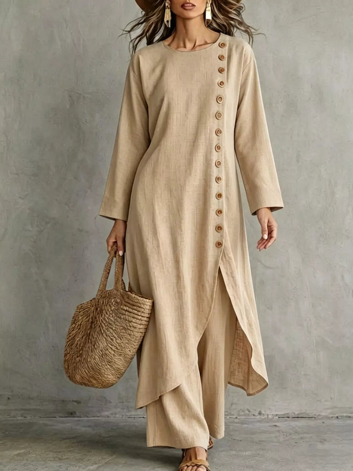 Khaki longline top and pants set, front view