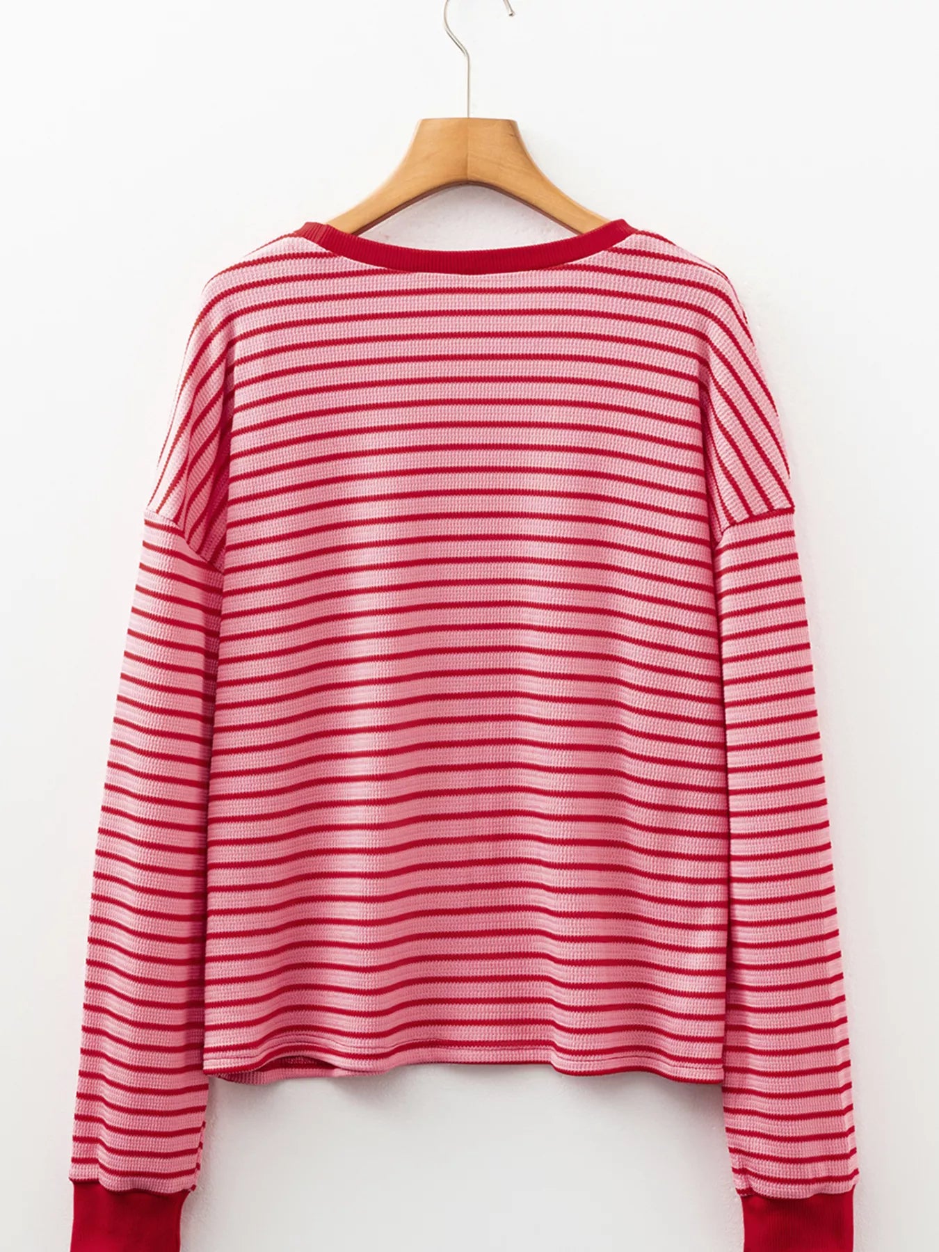 Trendsi Stripe Textured Round Neck Drop Shoulder Long Sleeve T Shirt -