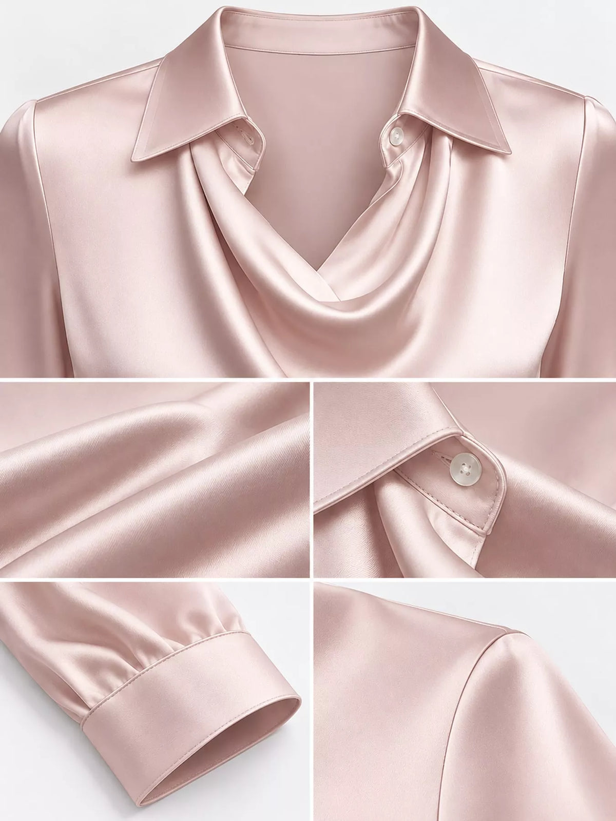 Blush pink satin cowl neck blouse, detail view