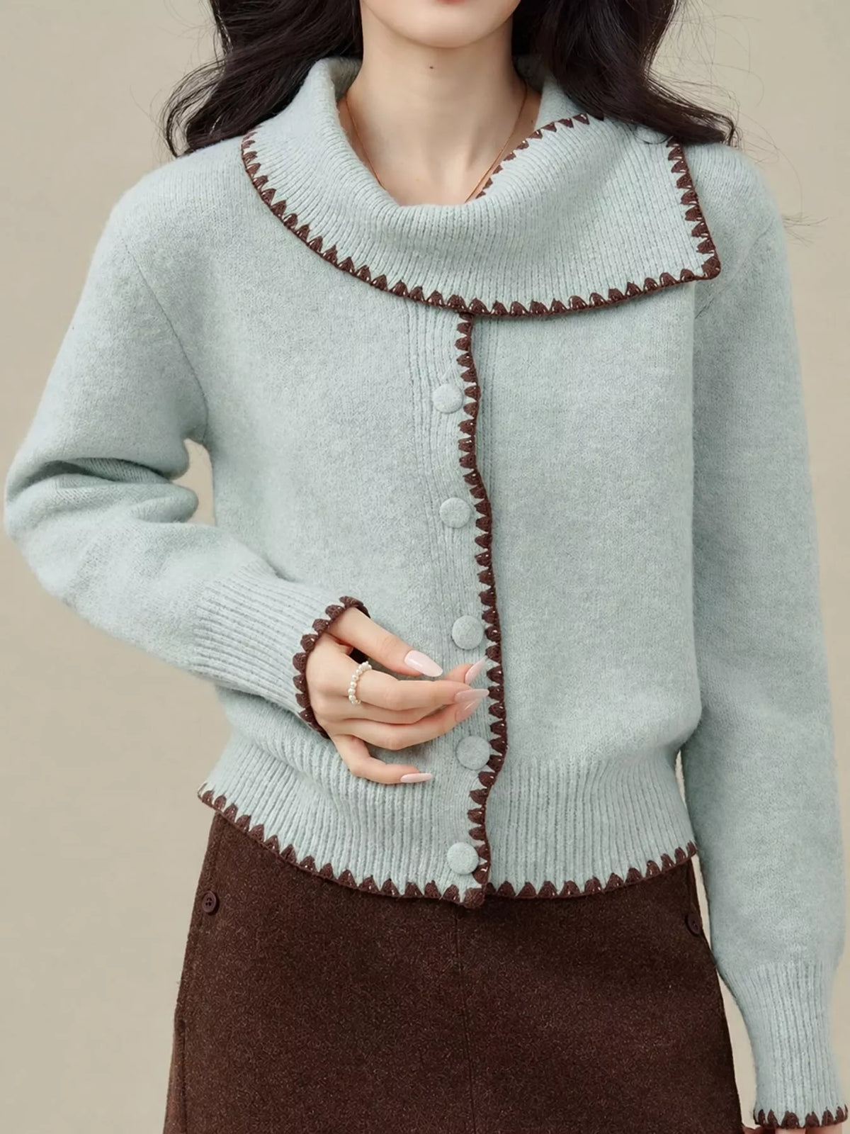 Contrast-Trimmed Scarf Collar Cardigan in blue