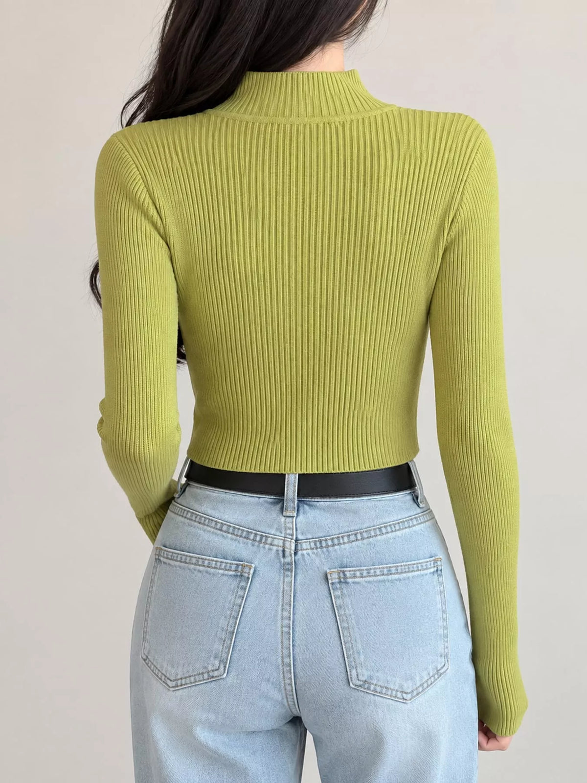 Lime ribbed mock neck long sleeve knit top, back view