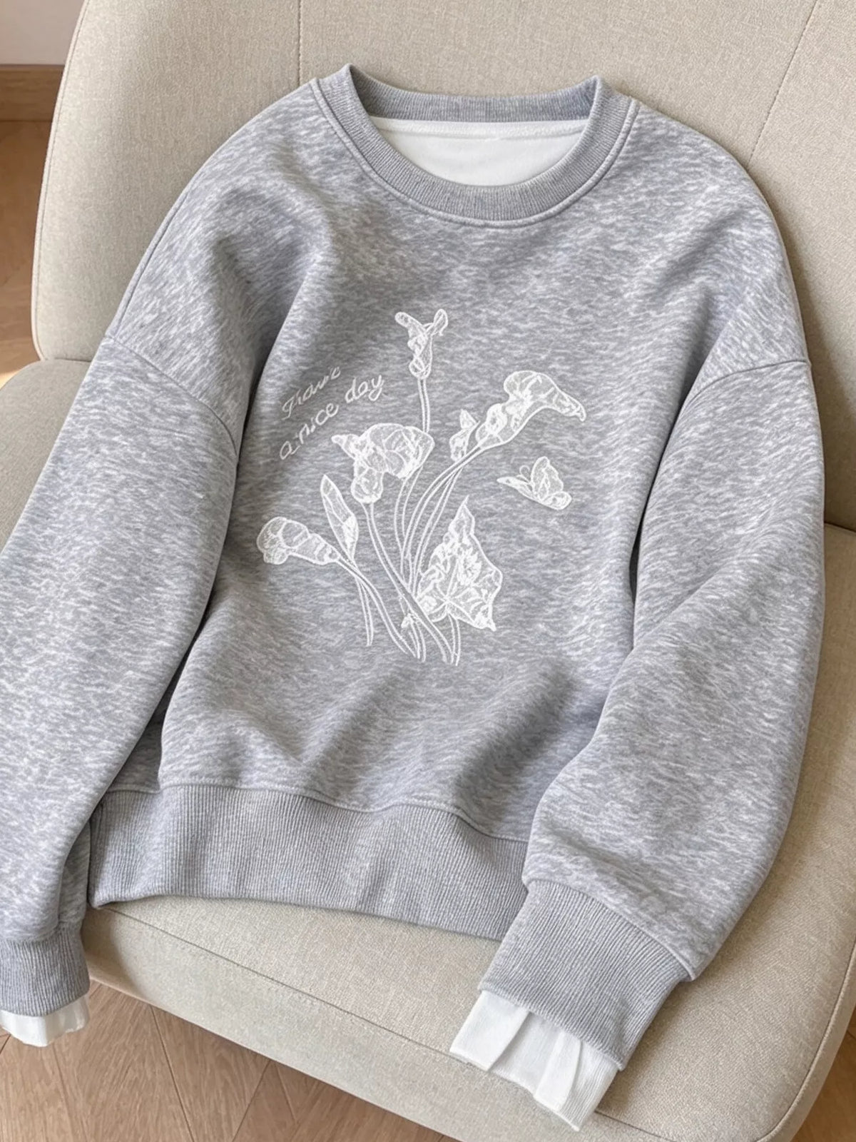 Gray Floral Crew Neck Sweatshirt close-up view