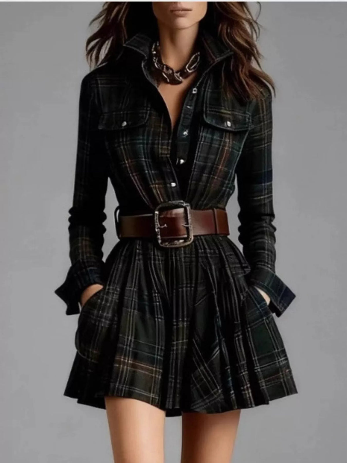 Trendsi Plaid Long Sleeve Shirt Dress -