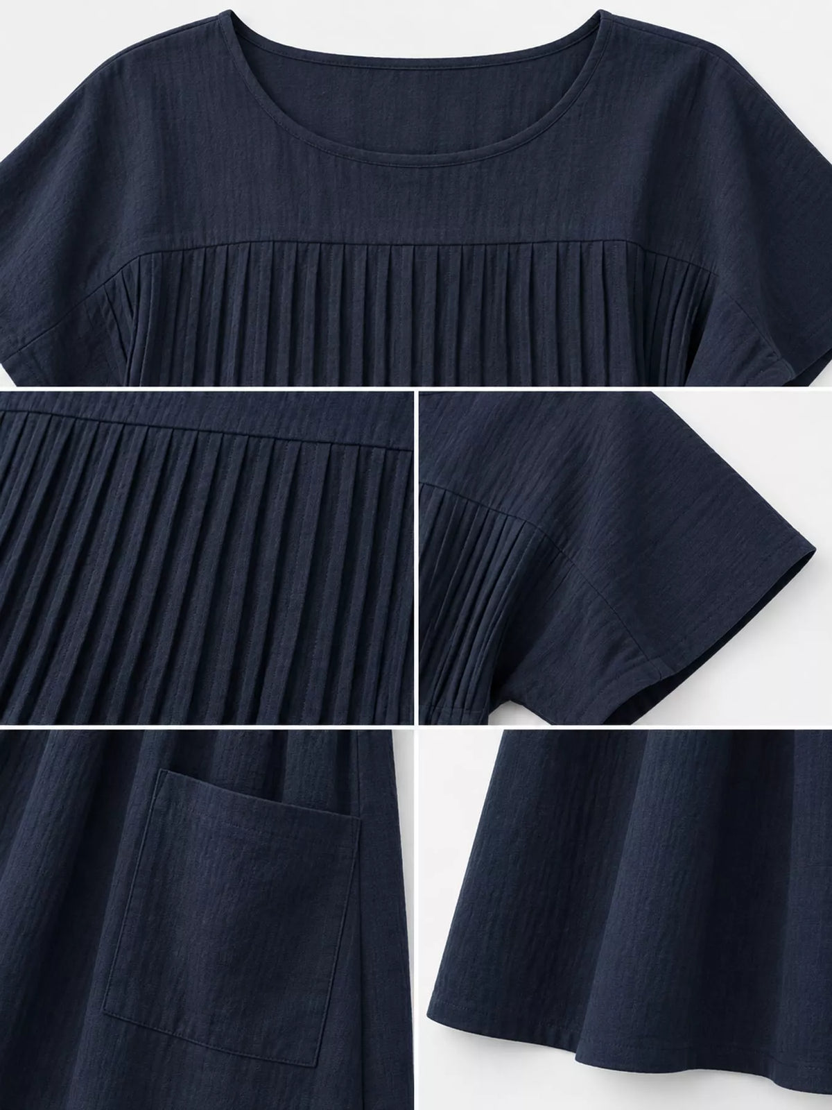 Pleated Midi Dress with Pockets, detail view in navy blue
