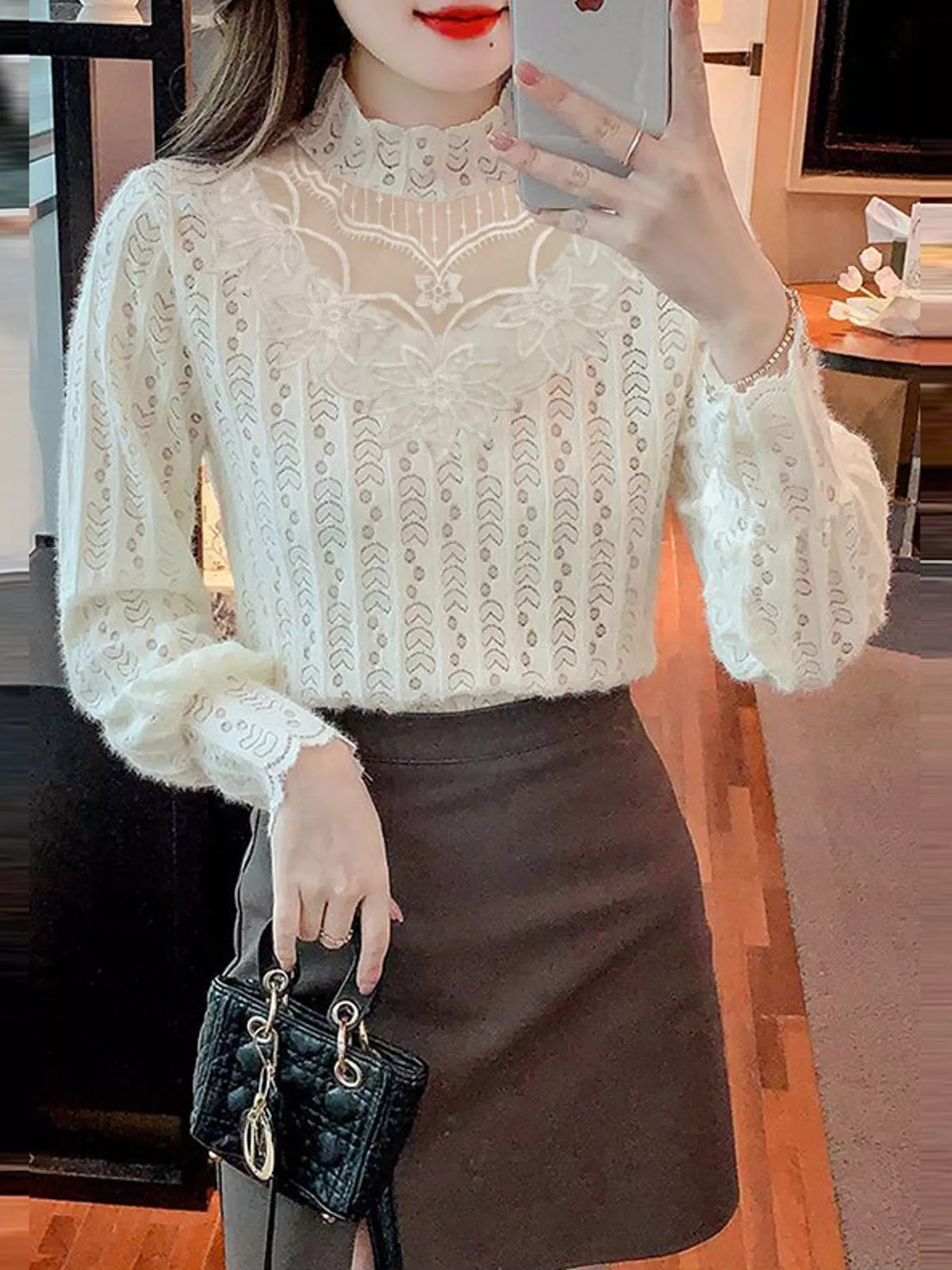 Apricot-Double Layer Lined Opaque mock neck sheer floral lace blouse