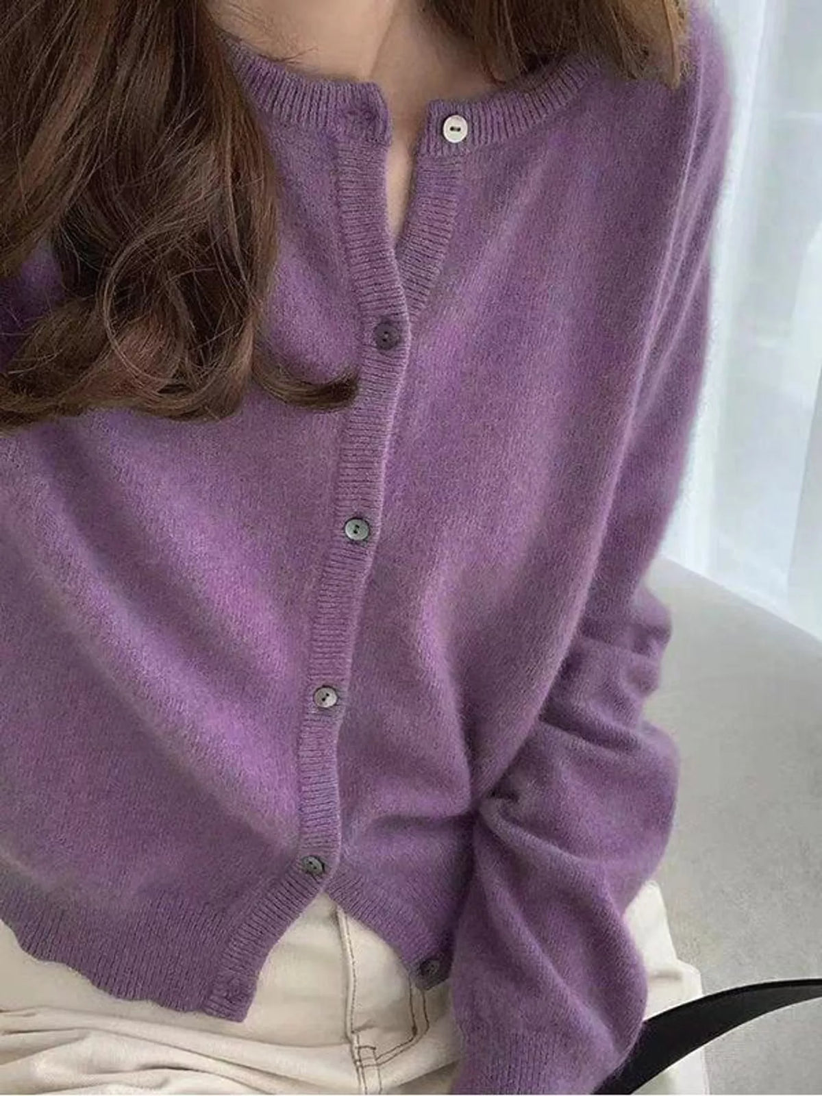 Women's Crew Neck Button-Down Knit Cardigan in purple — front view