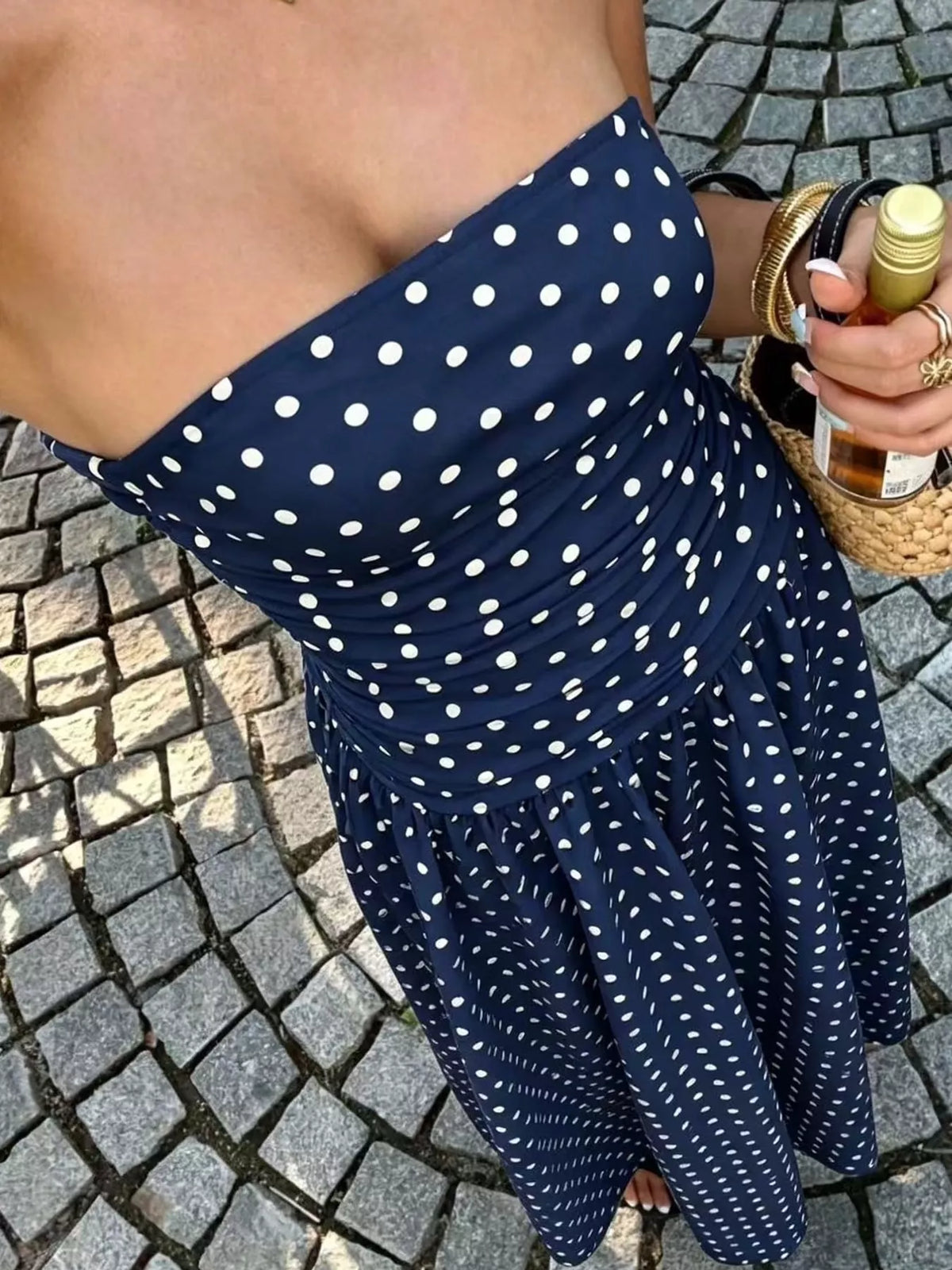 Women's Strapless Polka Dot Ruched Maxi Dress in navy dots — bodice detail view