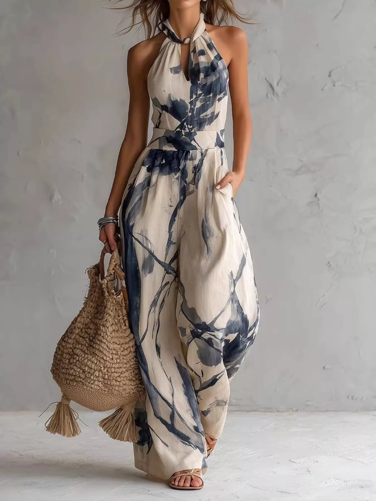 Navy Ink Wash Print Halter Neck Wide-Leg Jumpsuit front view