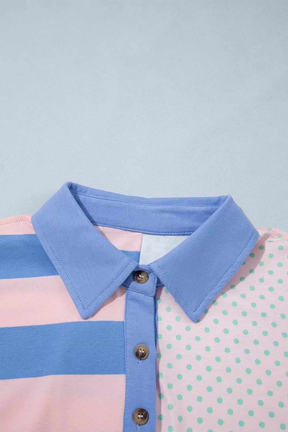 Striped Polka Dot Long Sleeve Polo Top, collar detail