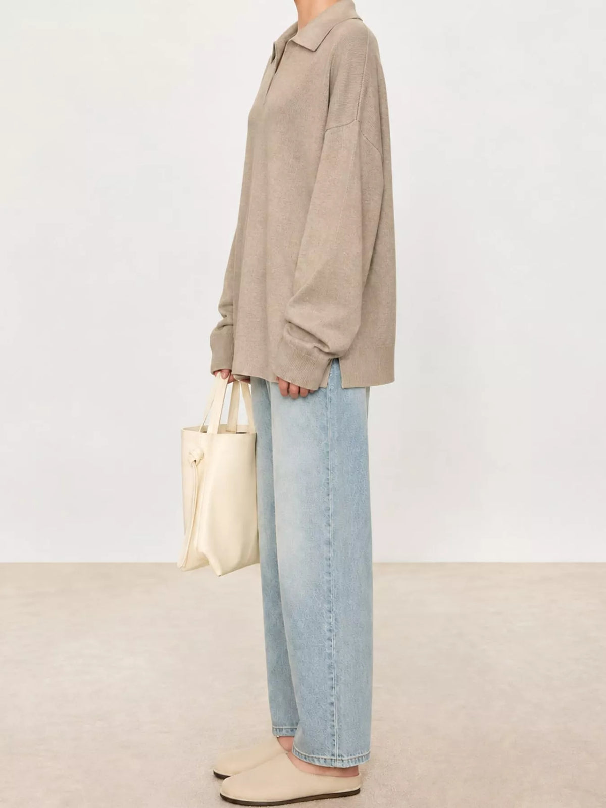 Oatmeal dropped shoulder polo collar sweater