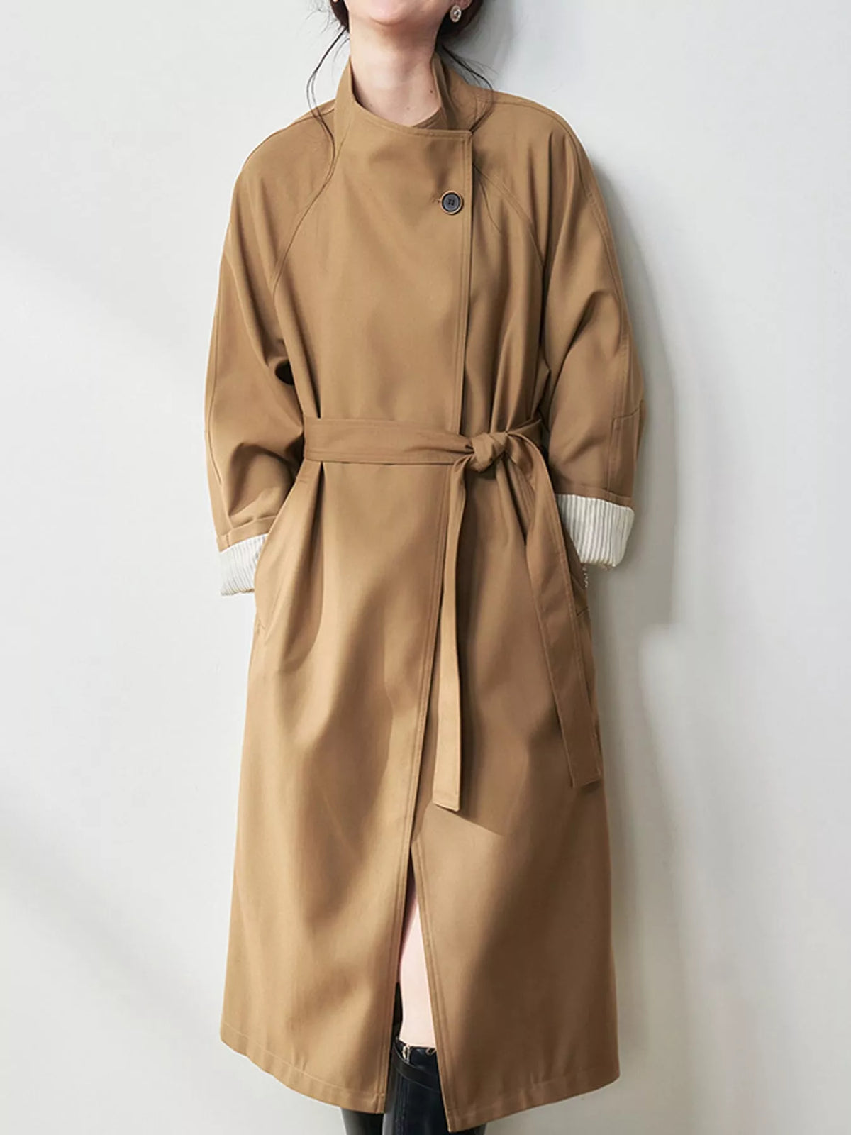 Asymmetric Button Longline Trench Coat in khaki