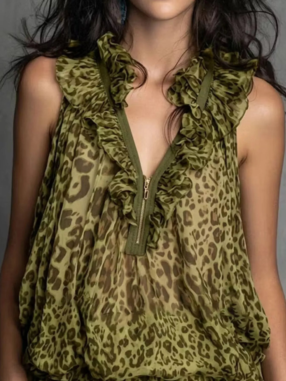 Moss Leopard Print Ruffled Quarter-Zip Sleeveless Blouse ruffled-neck and zipper detail