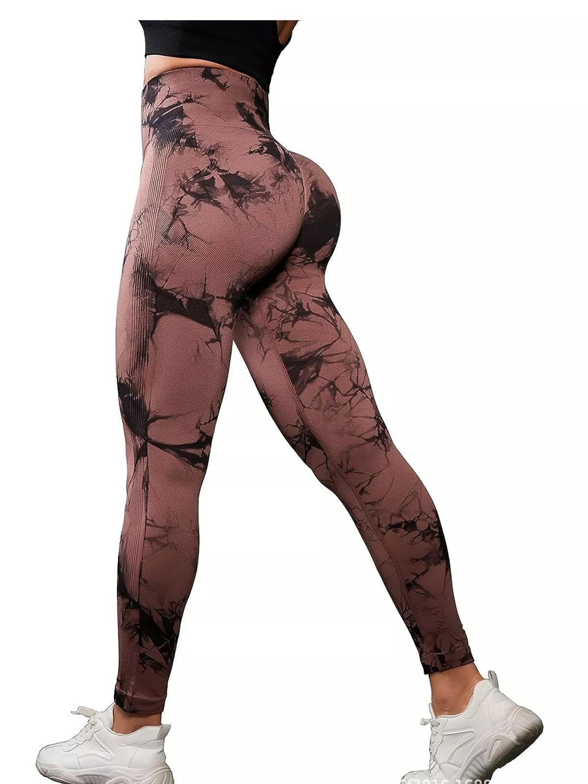Coffee high-waisted tie dye seamless active leggings, back view