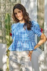 Trendsi SO ME 4th Of July Gingham Ribbon Detail Short Sleeves Blouse - Clothing Tops