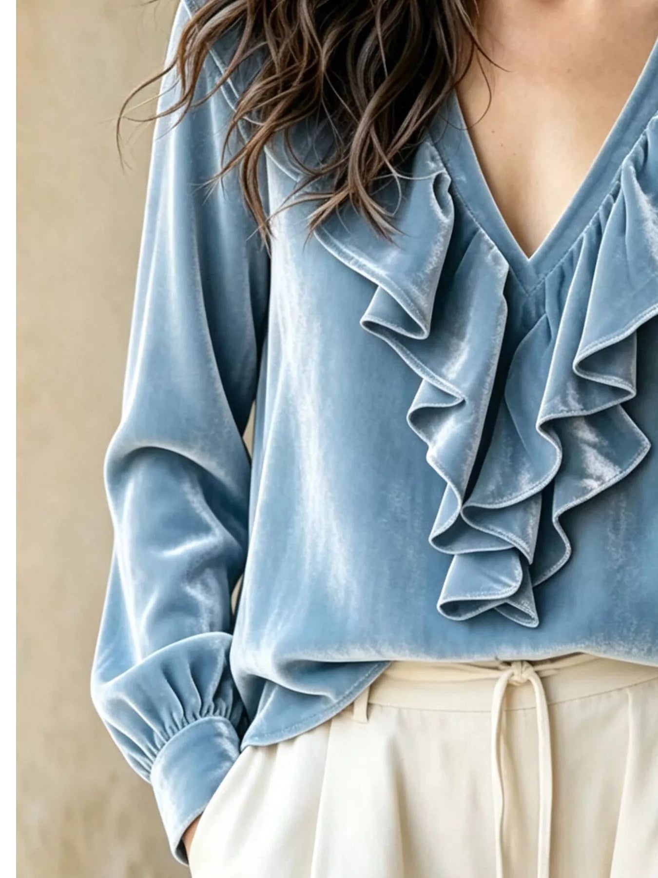 Trendsi Ruffled V-Neck Long Sleeve Blouse -