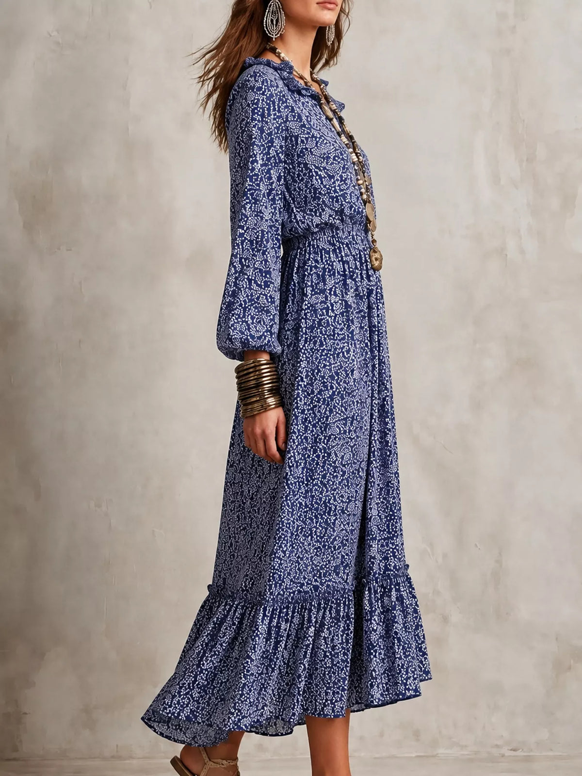 Women's Floral Print Long-Sleeve Ruffle Hem Midi Dress in Royal Blue, back view