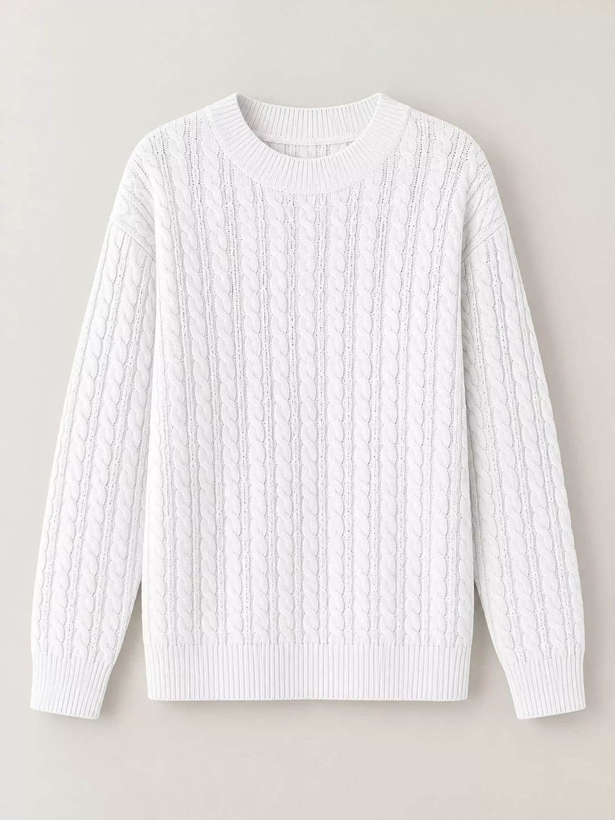 White cable knit round neck sweater