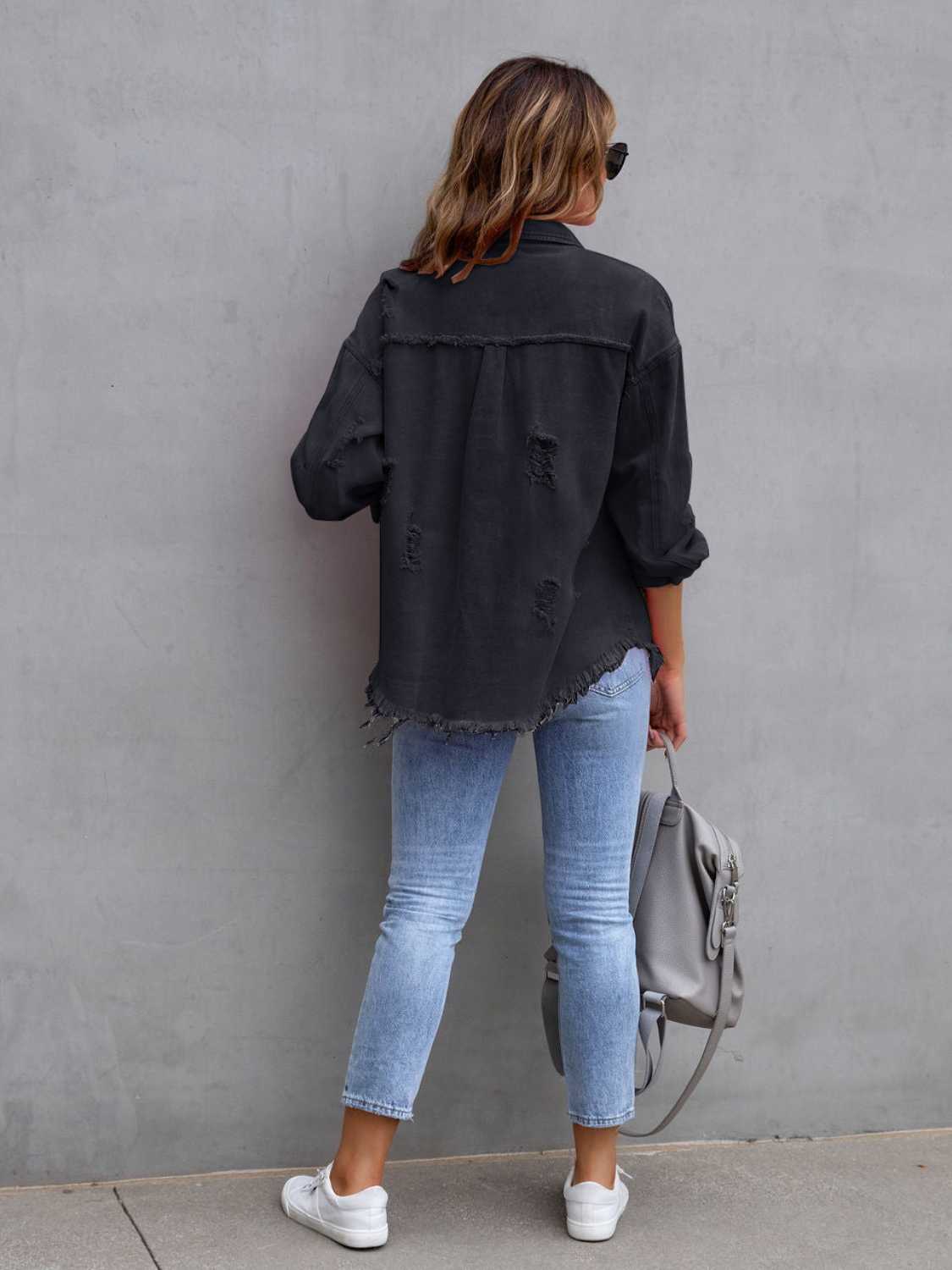 Trendsi Distressed Drop Shoulder Denim Jacket -