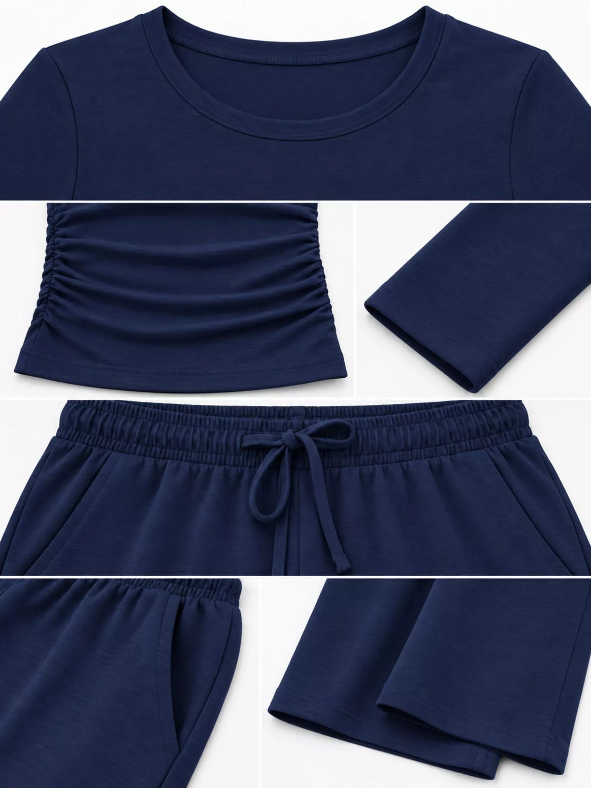 Long Sleeve Ruched Top and Wide-Leg Drawstring Pants Set — construction details