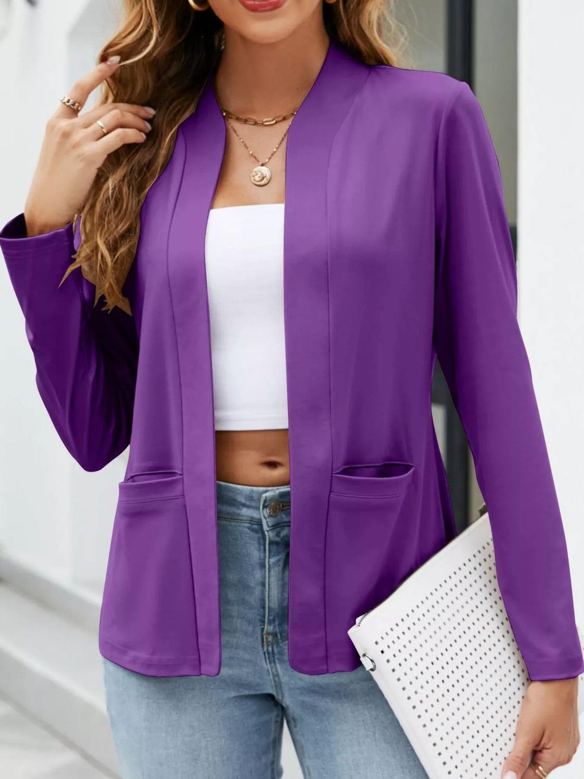 Mandarin neck long sleeve blazer, front view on model