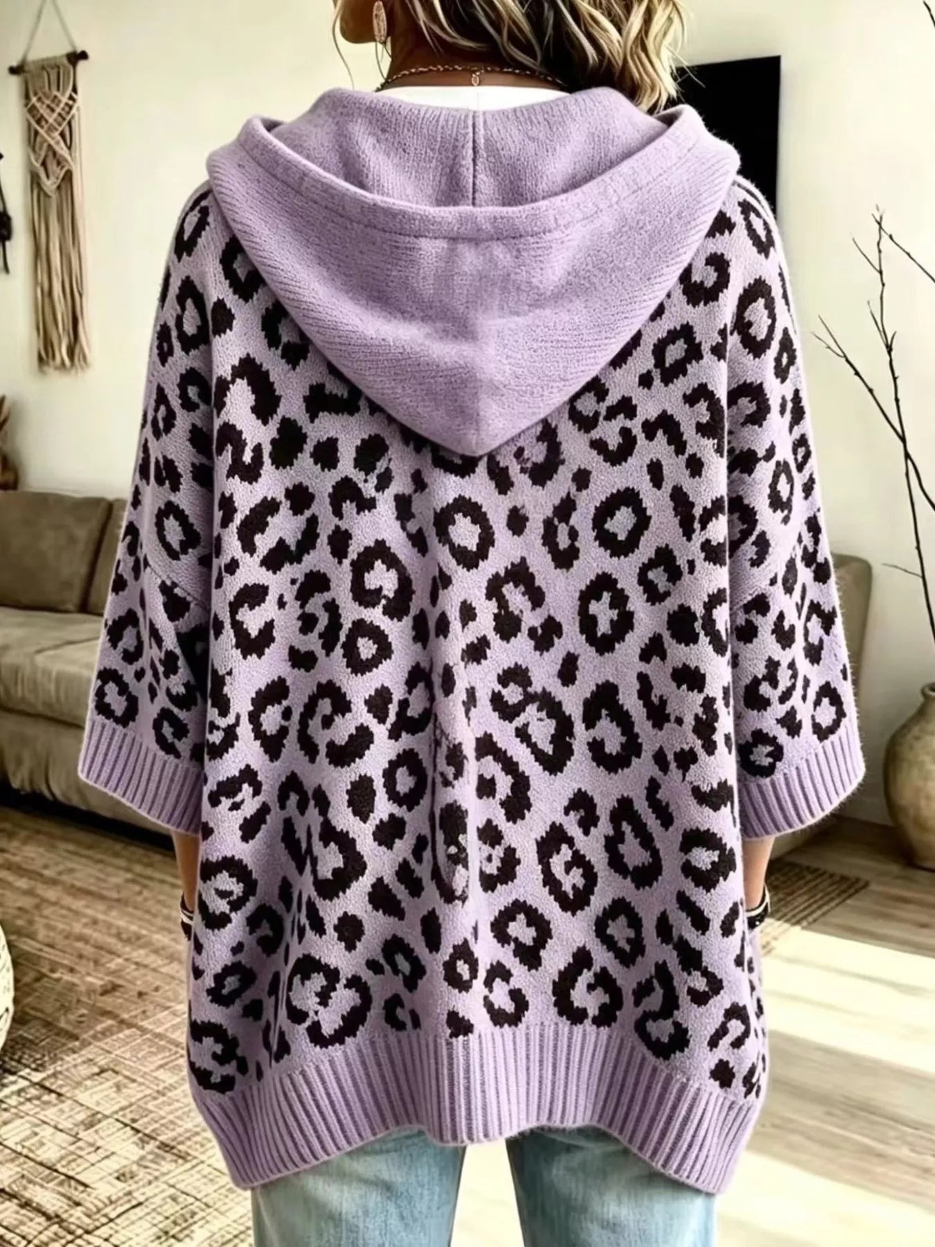 Trendsi Drawstring Leopard Hooded Sweater -