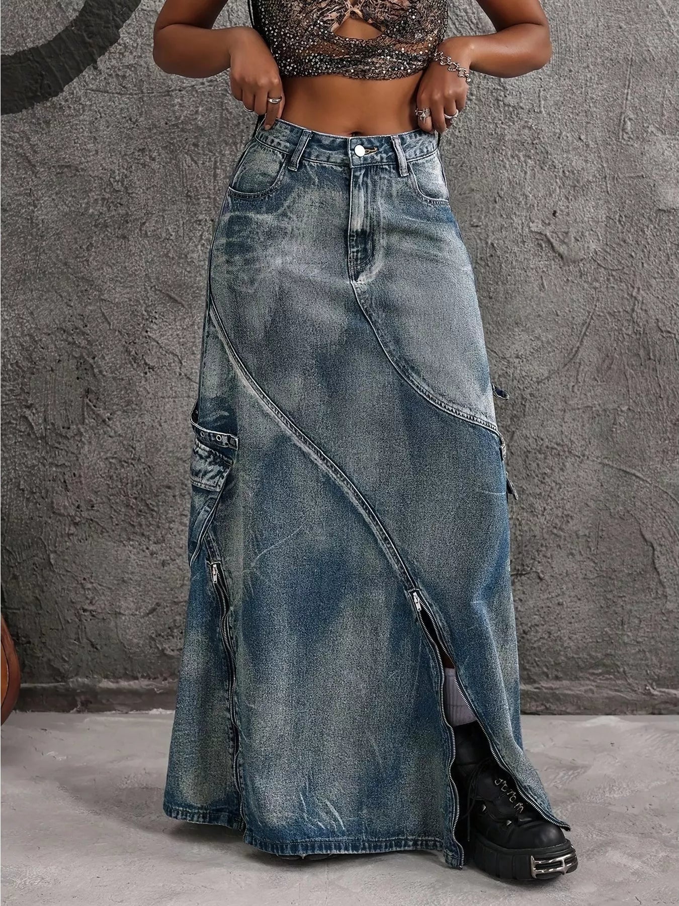 Trendsi High-Waisted Denim Maxi Skirt with Zipper Slit -
