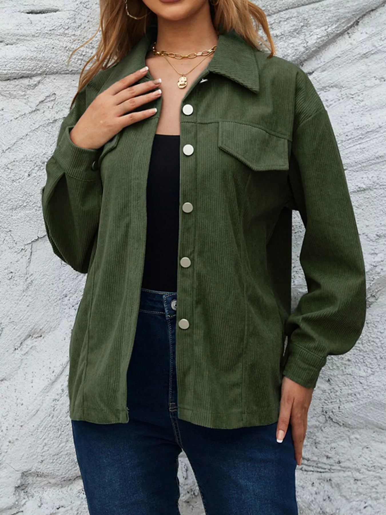 Trendsi Corduroy Button-Down Shirt with Chest Pockets -