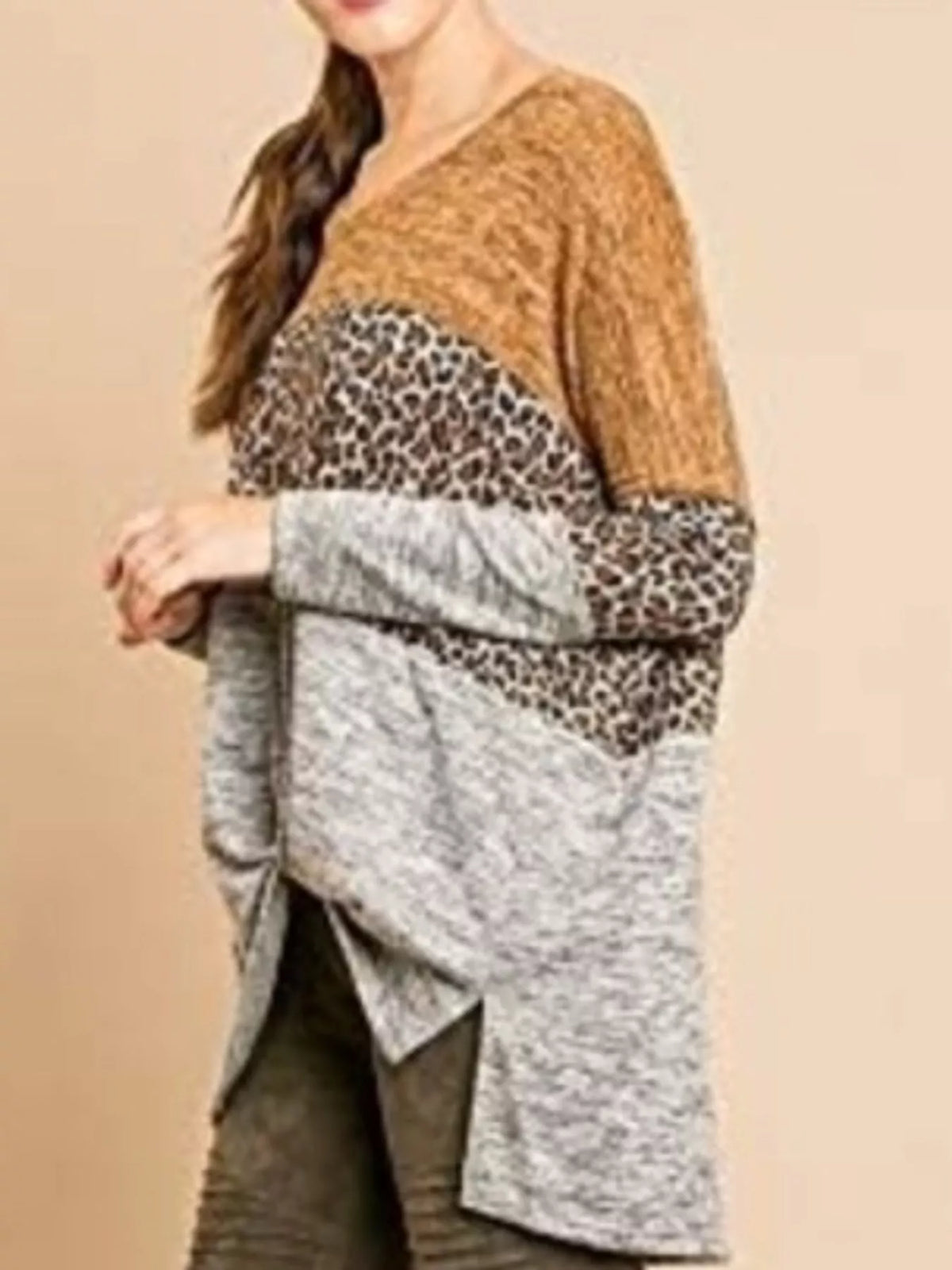 V-neck long sleeve t-shirt, side view