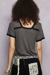 Trendsi POL Lace Detail V-Neck Short Sleeve Textured T-Shirt -