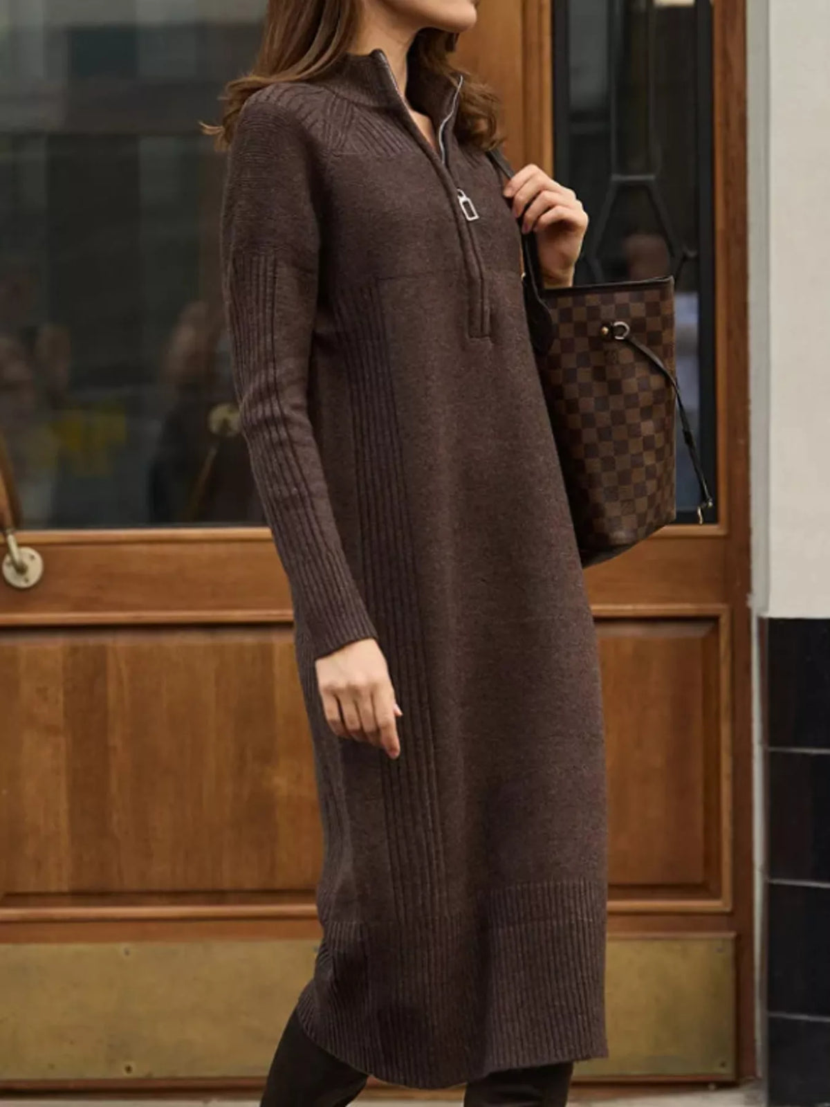 Brown half-zip ribbed knit sweater dress — front view