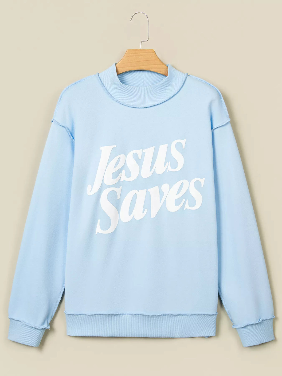 Light blue jesus saves stand neck oversized sweatshirt — front view