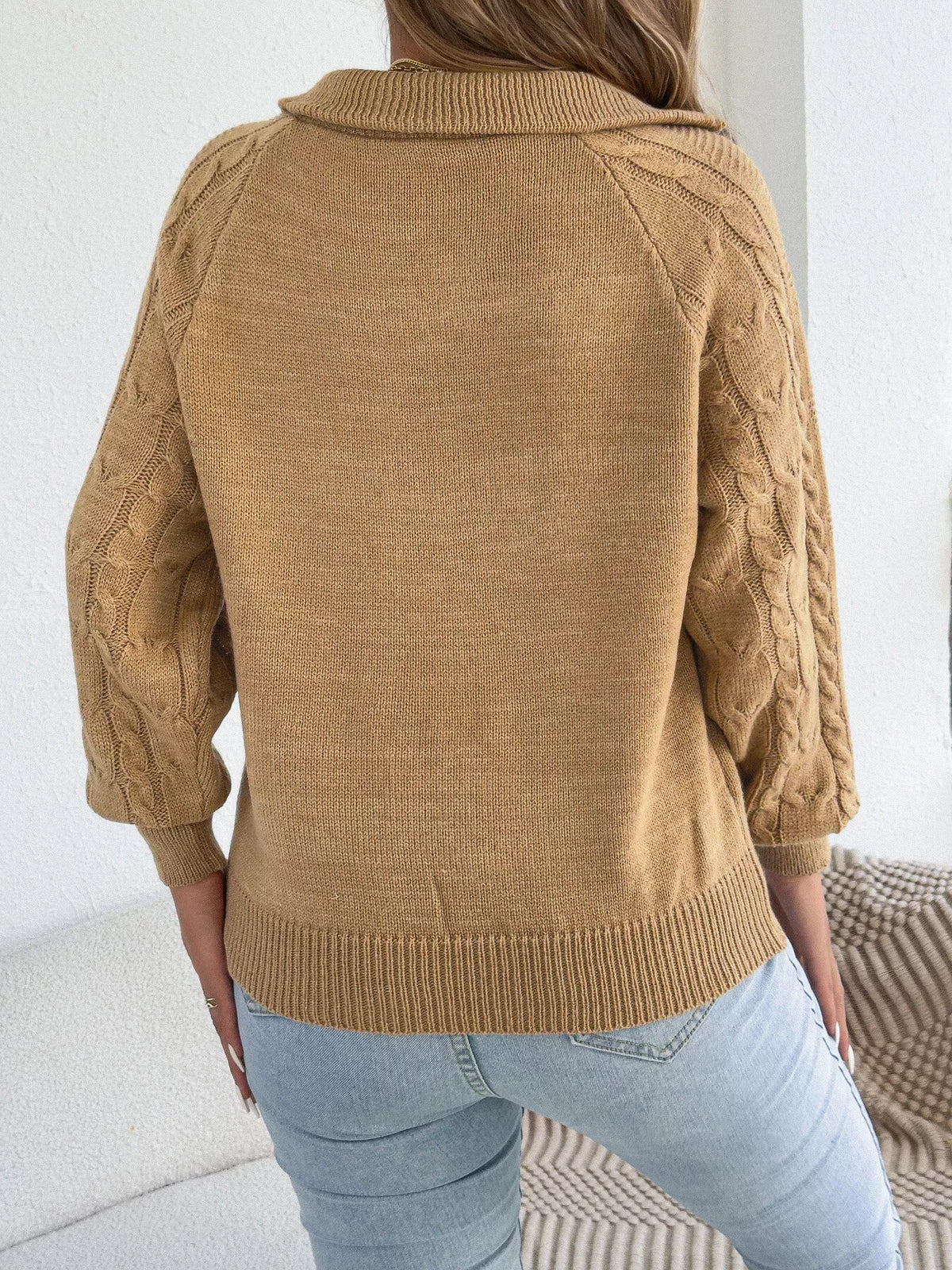 Khaki quarter-zip cable knit sweater, back view
