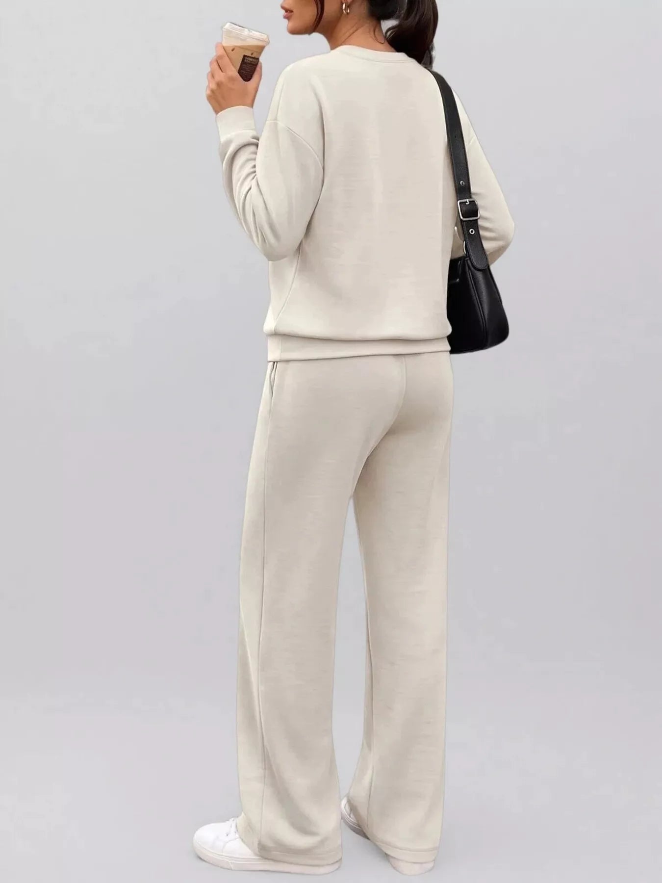 Button-detail dropped-shoulder top and pants set