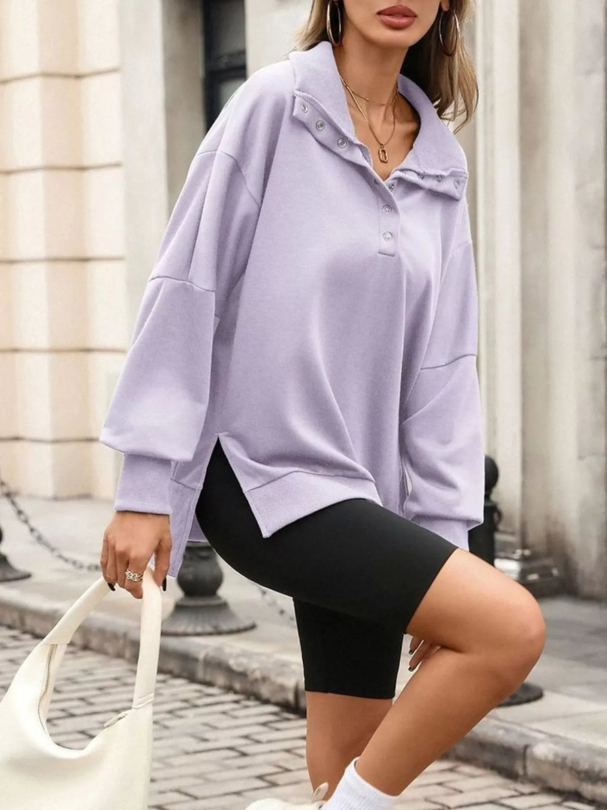 Women's side-slit half-snap sweatshirt