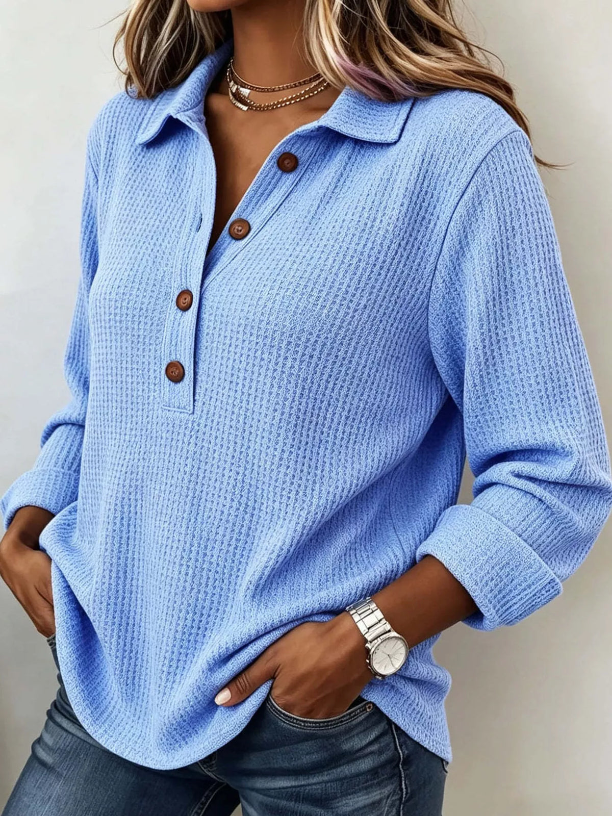 Light blue waffle knit long sleeve polo top, front view