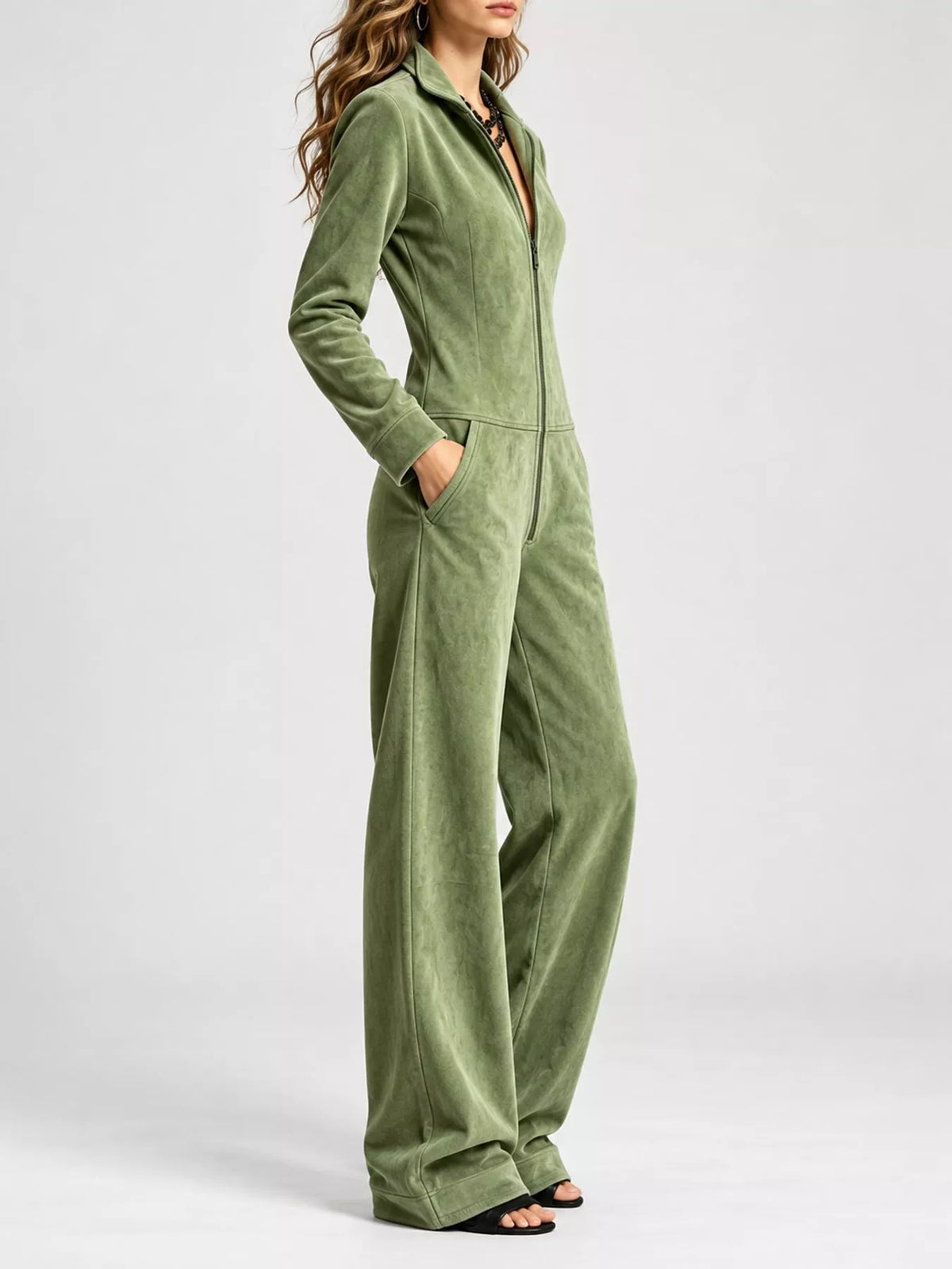 Velour Zip-Up Jumpsuit with Pockets, side view