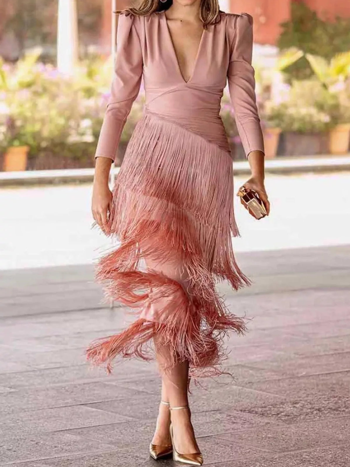 Women's Fringed V-Neck Puff Sleeve Midi Dress in pink — front view