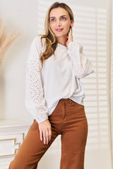Trendsi Shiny Eyelet Dropped Shoulder Round Neck Blouse -