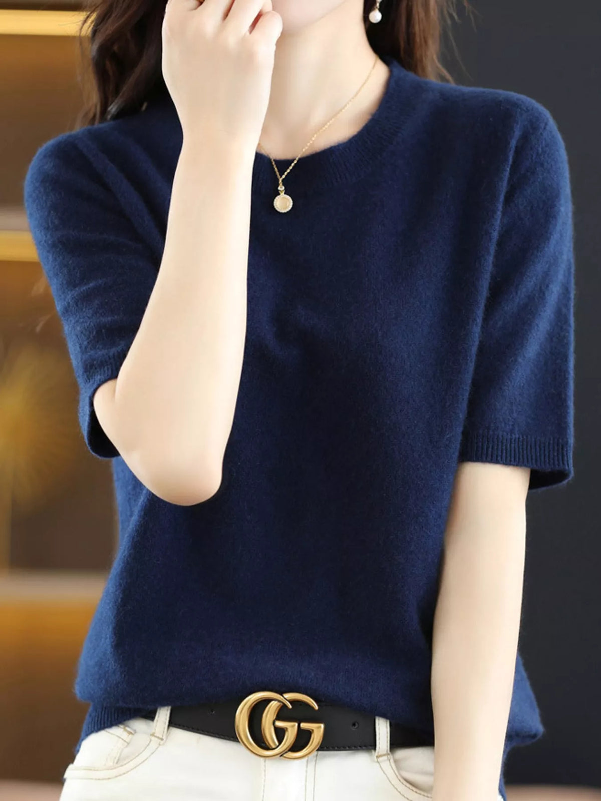 Seaweed Blue round neck short-sleeve sweater