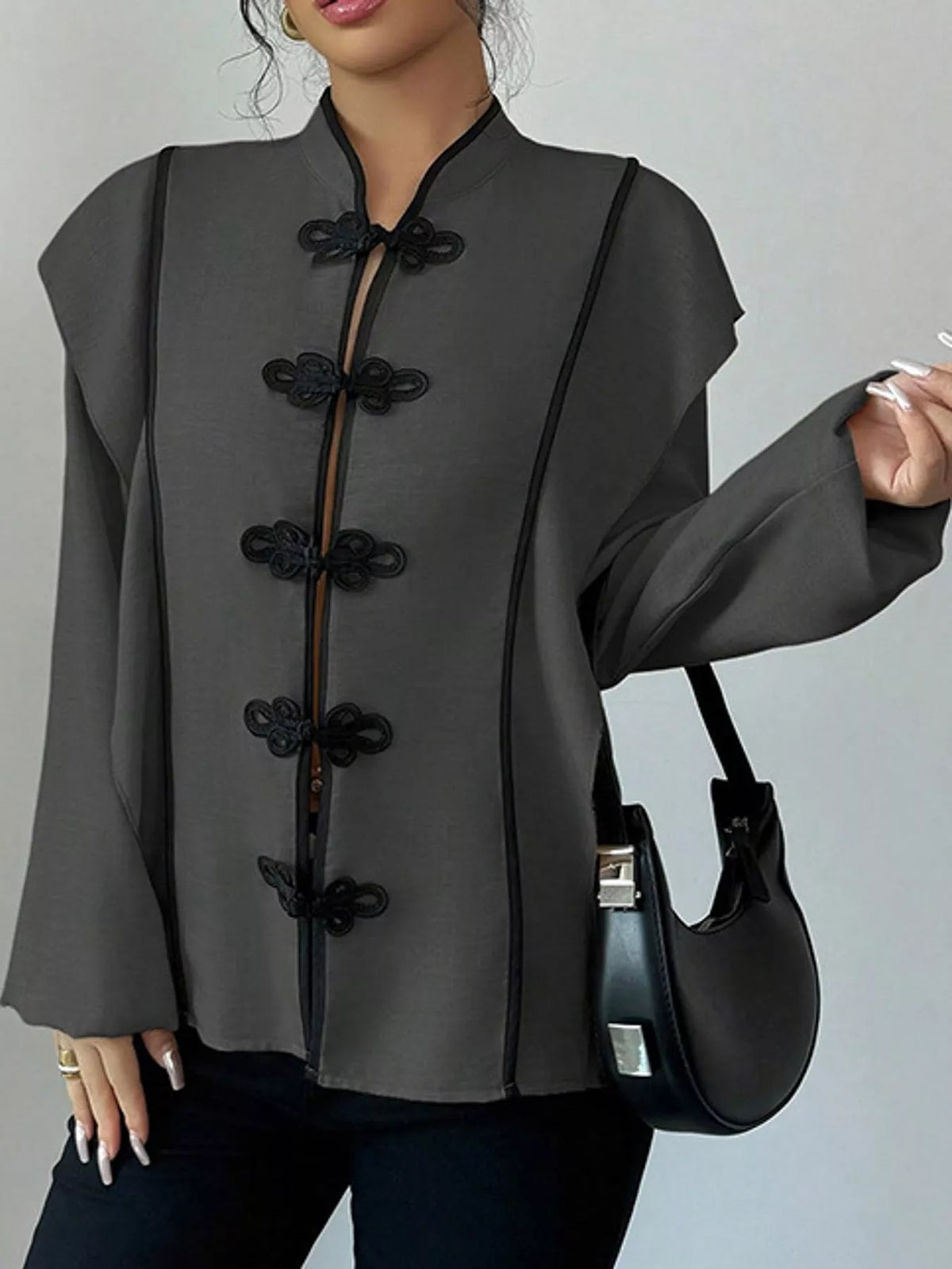 Gray chinese-style mandarin collar blouse