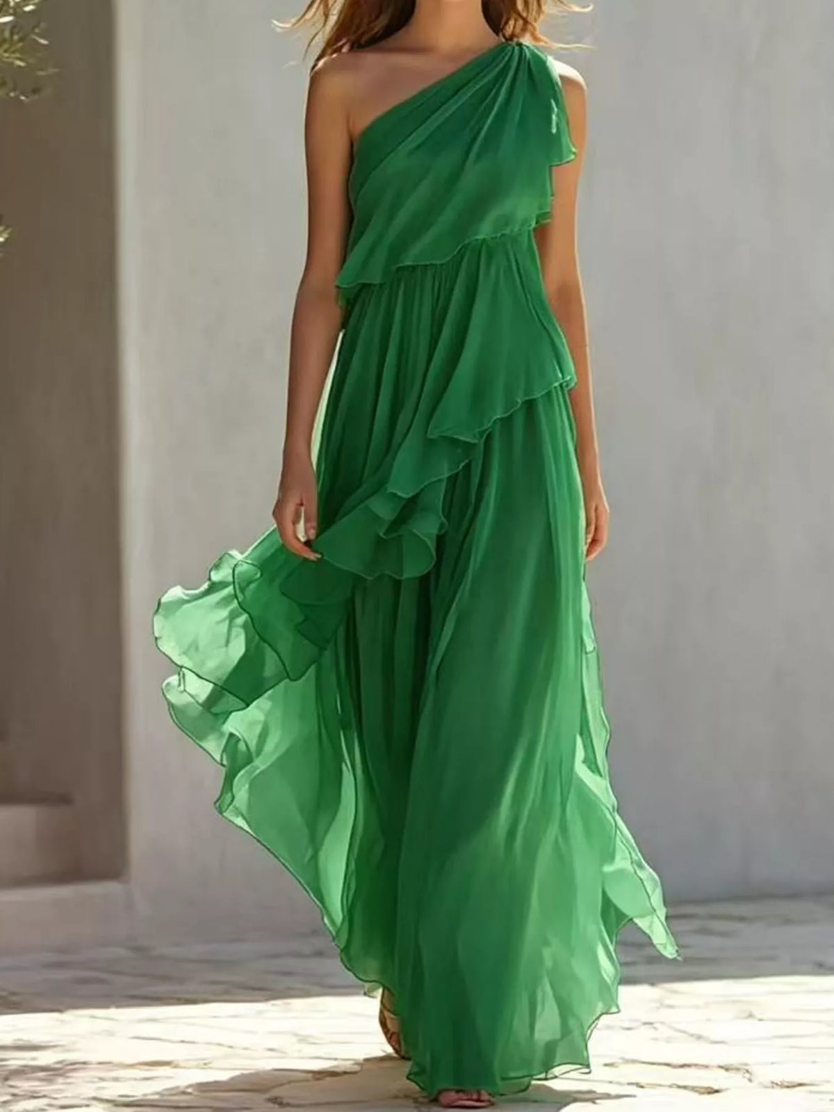 Women's One-Shoulder Ruffled Chiffon Maxi Dress in green — front view