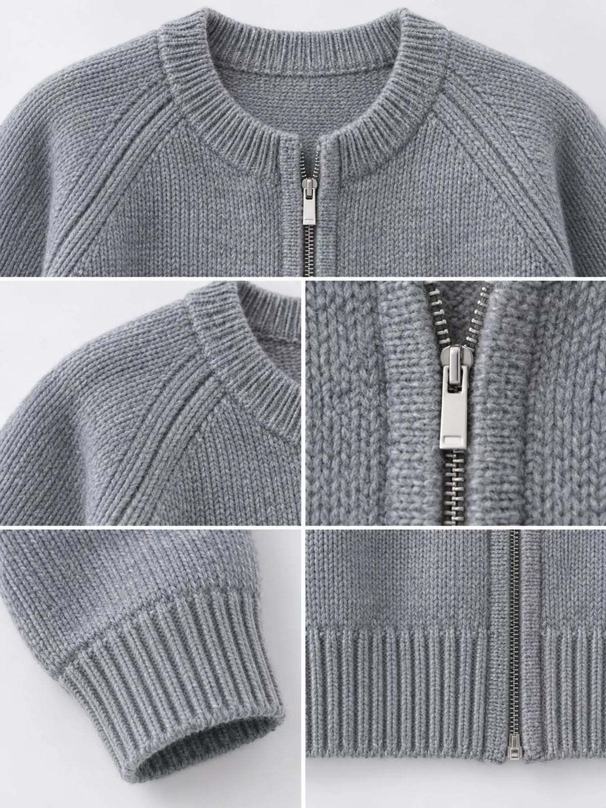 Ribbed-hem cardigan, gray neckline zip cuff and hem details