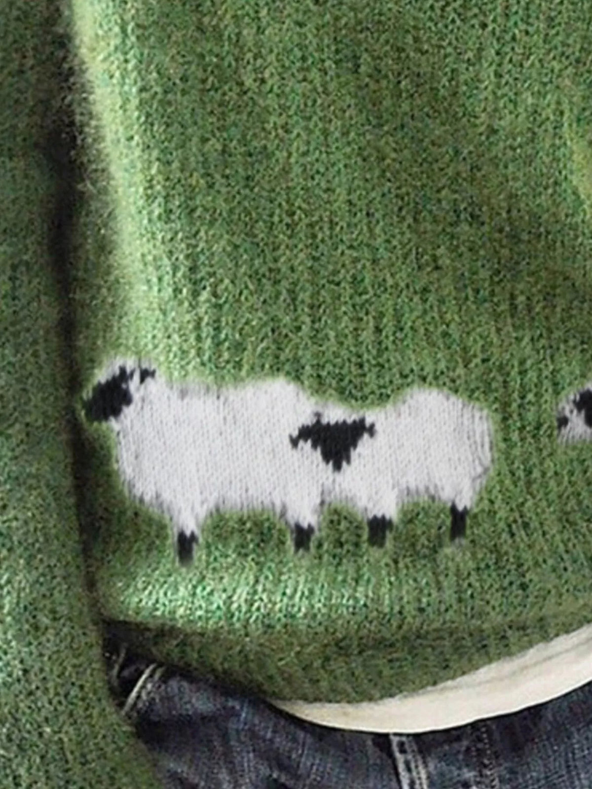 Sheep Pattern Round Neck Sweater in green, knit detail
