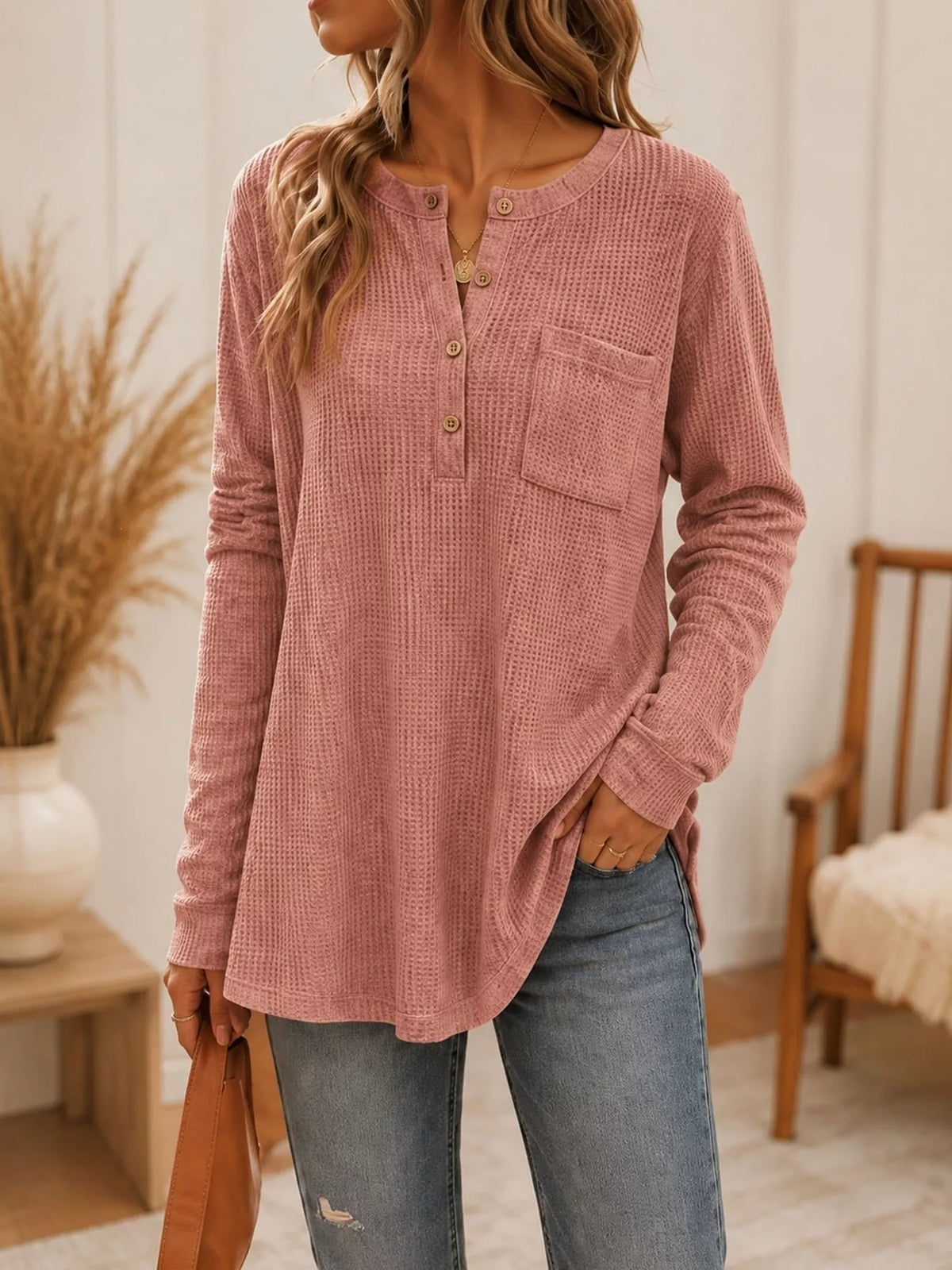 Pink waffle-knit button-detail top, front view
