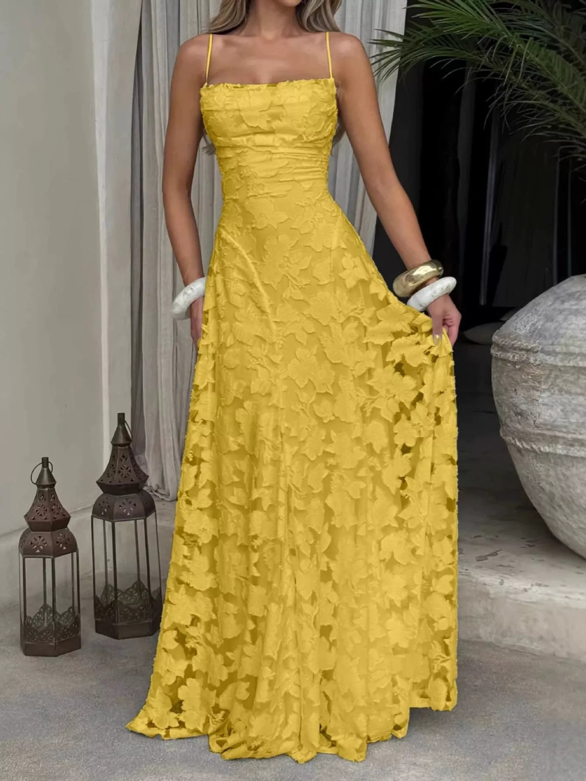 Cowl neck spaghetti-strap maxi dress, front view on model